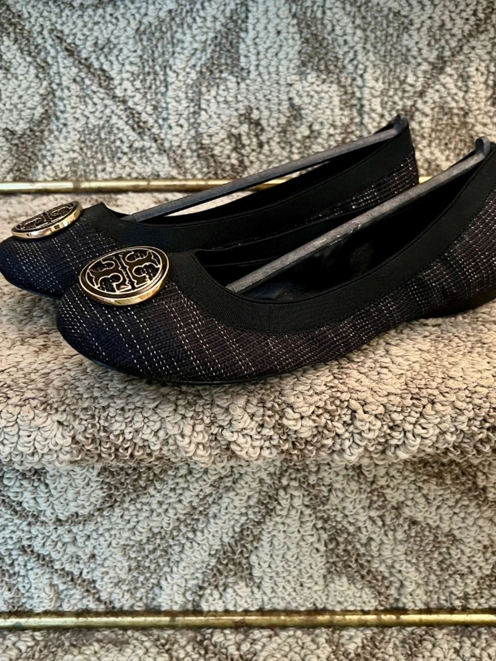 GUC Tory Burch Black Gold Glitter Caroline Ballet Flats Shoes Size 8M 8 Medium